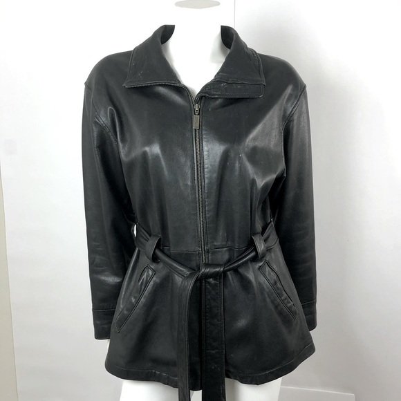 Kenneth Cole Reaction Leather Coat in Black Soft Leather with Belt feminine Sz M